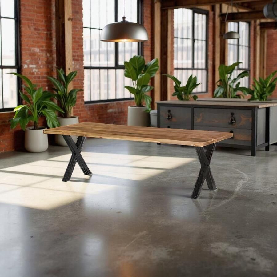 Tribe Industriële Eettafel Zeno 240cm – Rechthoekige Duurzame Mangohouten Eettafel met Metalen Poten – Bruin Hout – Grote Design Eettafel voor 6-8 Personen –