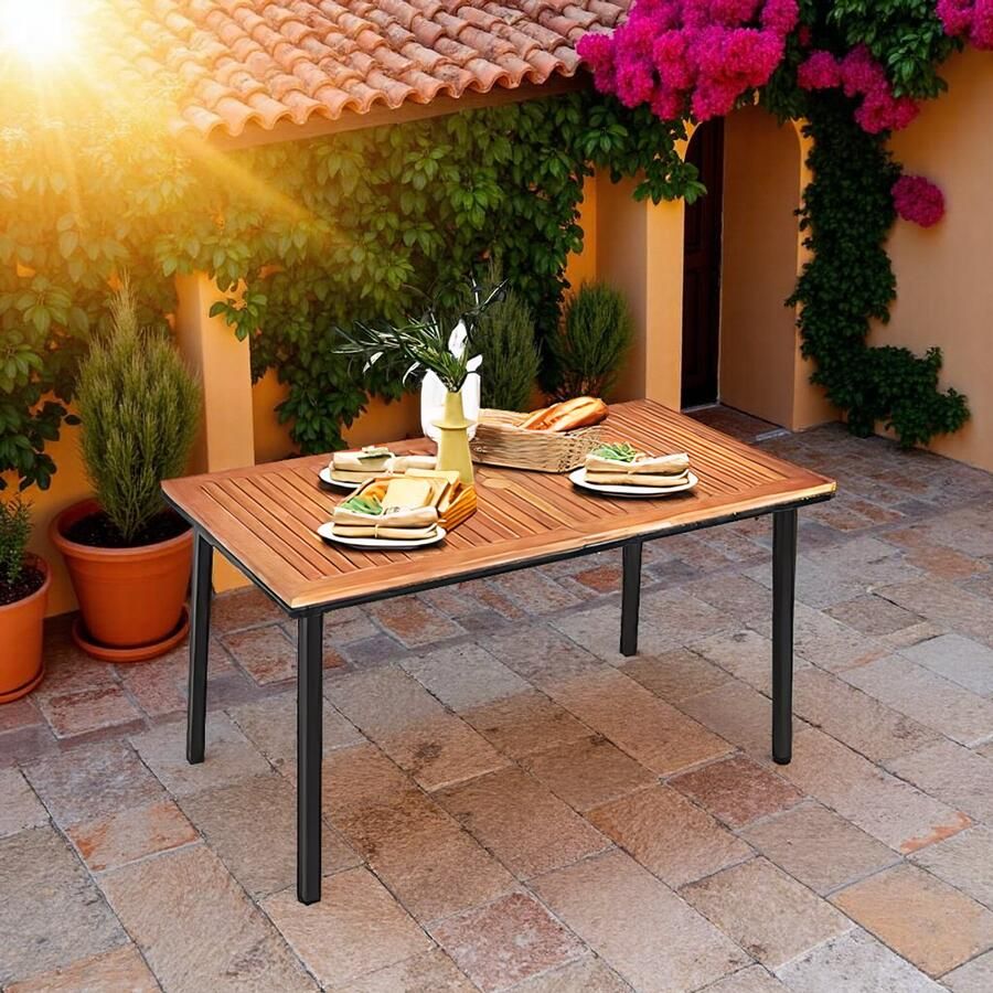 Tribe Industriële Houten Tuintafel 140x75 cm – Massief Acaciahout met Parasolgat – Rechthoekige Eettafel voor 6-8 Personen –