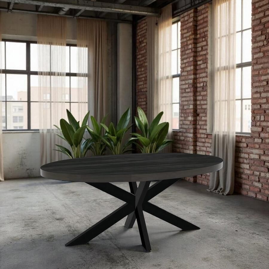 Tribe Industriële Ovale Eettafel Mangohout 180x100 cm – Duurzame Design Eetkamertafel met Zwart Metalen Onderstel – Stoere Keuken- en Woonkamertafel –