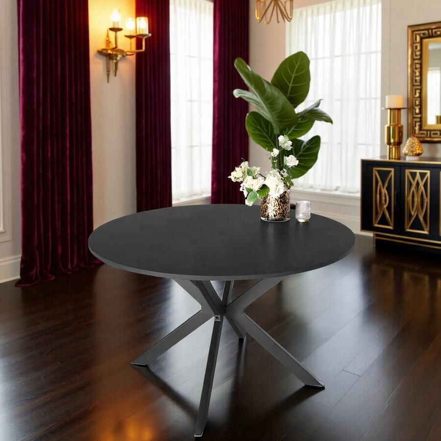 Tribe Industriële Ronde Eettafel 120cm Visgraat Zwart – MDF Tafelblad & Metalen Onderstel – Moderne Houten Design Eettafel