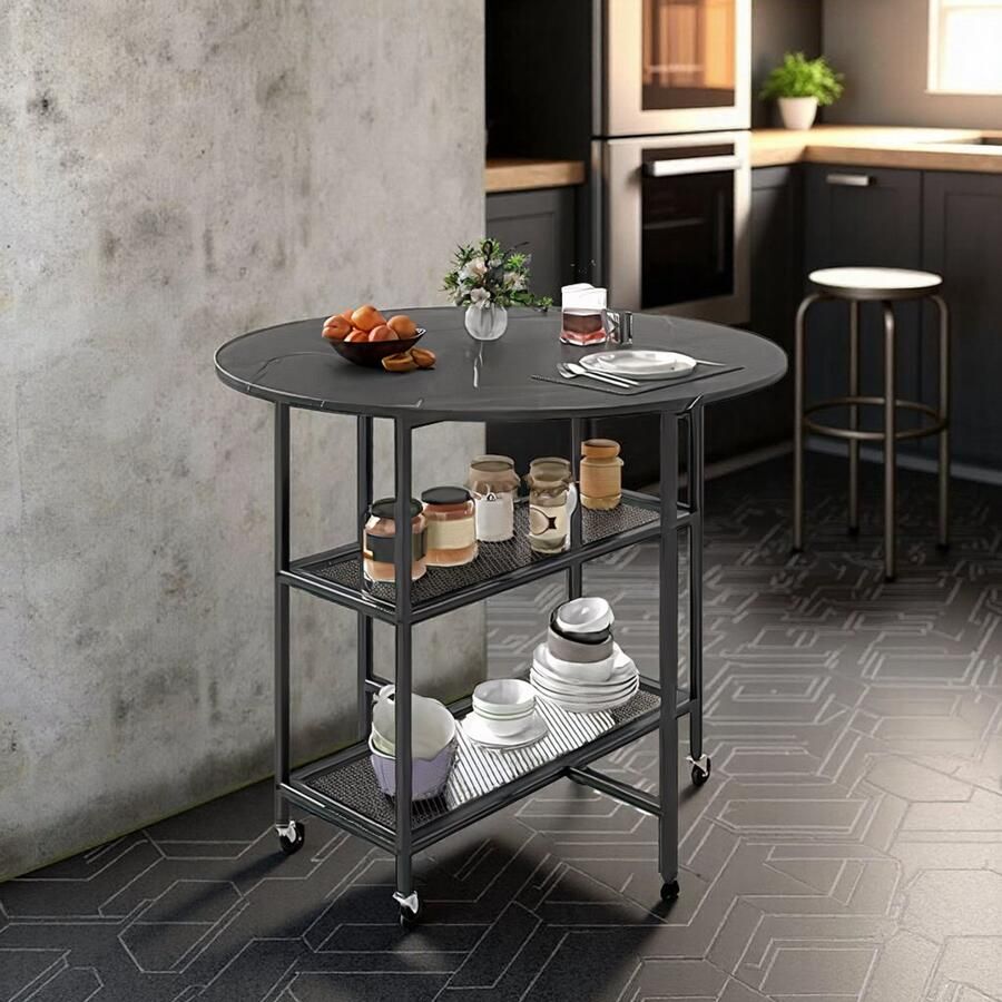 Tribe Inklapbare Eettafel met Opbergruimte & Wieltjes – Uitschuifbare Ronde Keukentafel 2-4 Personen – Marmerlook – Zwart –