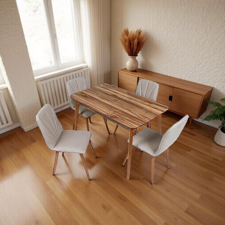 Tribe Luxe 5-delige Eettafelset Walnoot – Rechthoekige Eettafel 120x77 cm met 4 Comfortabele Stoelen – Moderne Keukentafel Eetkamertafel –