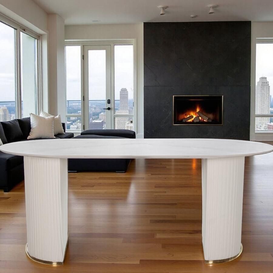 Tribe Luxe Eettafel – Marmeren Look – Staal & Steen – 180x90 cm – 4 Personen – Ovale Design Tafel – Wit Goud