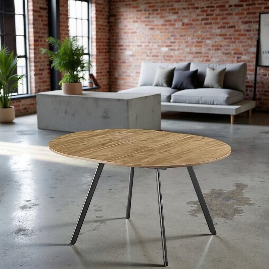 Tribe Luxe Ronde Uitschuifbare Eettafel – 120-150 cm – 4-6 Personen – Wildeiken Look met Zwart Metalen Frame – Modern & Duurzaam –