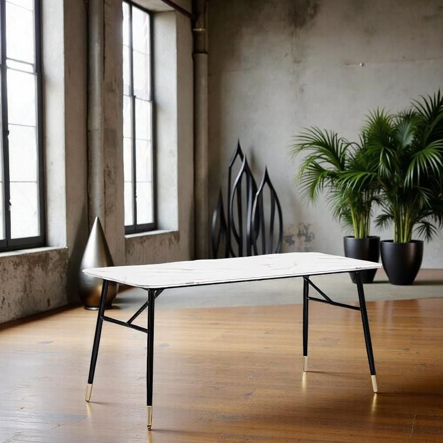 Tribe Moderne Eettafel 120x60 cm – Wit Marmerlook – Rechthoekige Keukentafel met Zwarte Metalen Poten – Compacte Design Tafel –