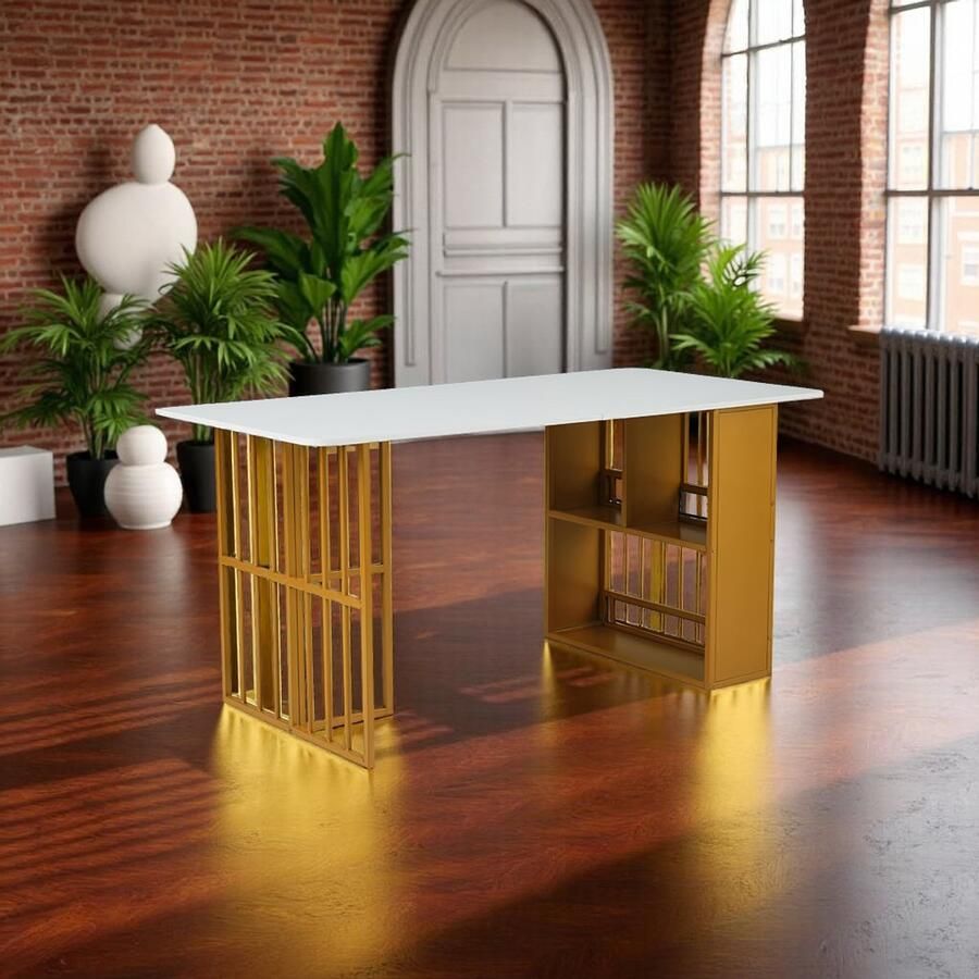 Tribe Moderne Eettafel Wit 160x80 cm – Rechthoekige Design Eettafel met Gouden Accenten 6-Persoons – Stijlvolle Keukentafel Woonkamertafel –