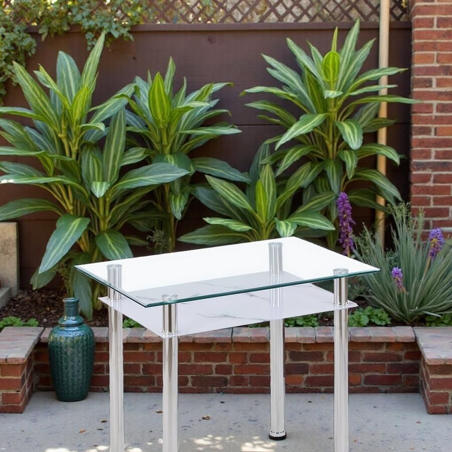 Tribe Moderne Glazen Eettafel met Marmerlook – Compacte Keukentafel 90x60 cm met RVS Poten & Opbergplank – Voor 2-4 Personen –