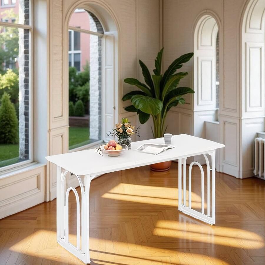 Tribe Moderne Rechthoekige Eettafel – 160 x 60 cm – 6-8 Personen – Wit Houten Tafelblad met Zwart Metalen Frame –