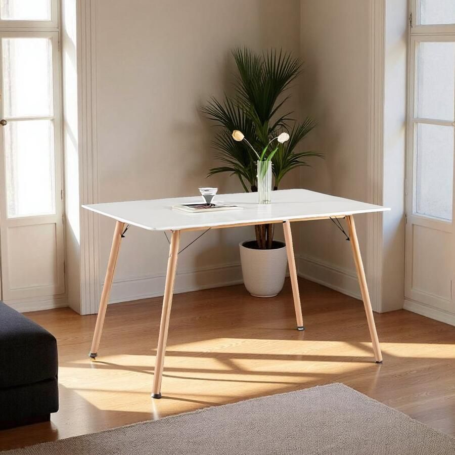 Tribe Moderne Rechthoekige Eettafel Wit – 120x80 cm – Scandinavische Keukentafel met Beukenhouten Poten – Voor 4-6 Personen –