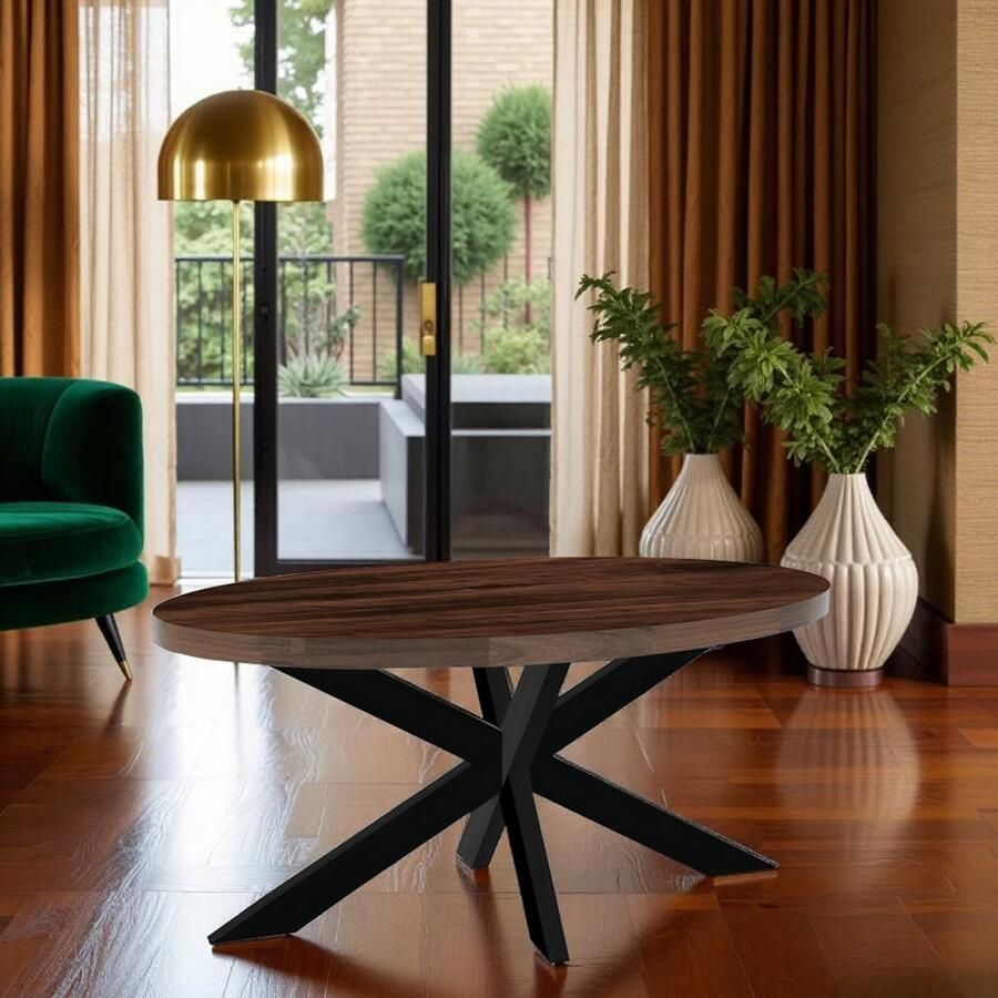 Tribe Ovale Eettafel Mangohout 160cm – Industriële Walnoot Bruine Eettafel met Metalen Onderstel – Duurzame Houten Eetkamertafel – Geschikt voor 4 Personen –