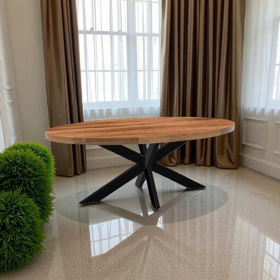 Tribe Ovale Eettafel Mangohout 200 cm – Industriële Houten Tafel met Metalen Onderstel – Duurzame Design Eettafel Lichtbruin –