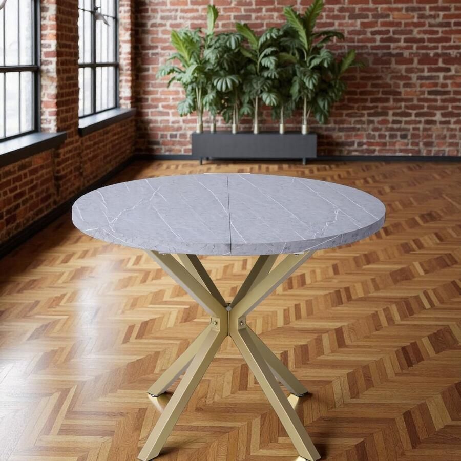 Tribe Ronde Eettafel 100 cm – Keukentafel voor 4-6 Personen – Kunstmarmer Tafelblad met Metalen Kruispoot – Moderne Design Tafel voor Woonkamer Kantoor & Restaurant – Grijs Goud –