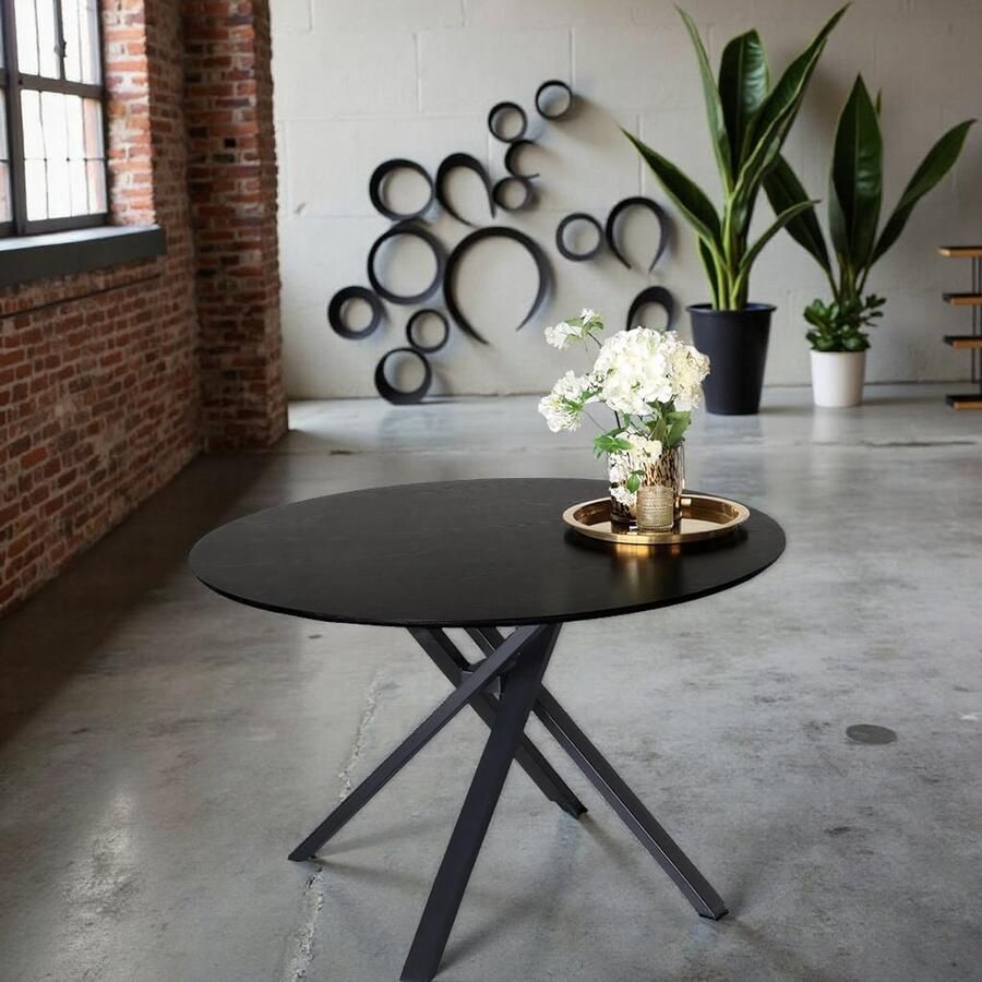 Tribe Ronde Eettafel Zwart Ø140 cm – Moderne Industriële Design Eettafel met MDF Tafelblad & Metalen Poten – Geschikt voor 4-6 Personen –