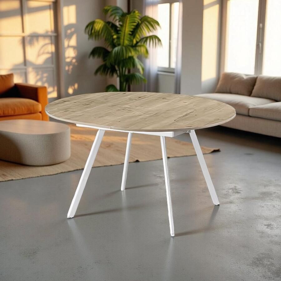 Tribe Ronde Uitschuifbare Eettafel Oslo – Ø120-150 cm – 4-6 Personen – Houtlook Sand Oak – Metalen Frame Wit –