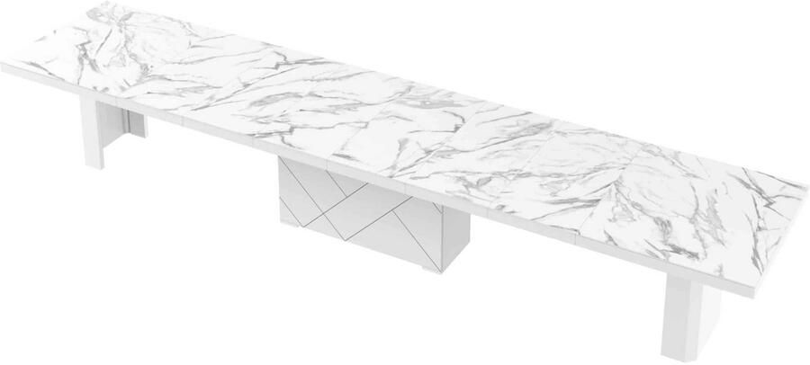 Tribe Uitschuifbare Eettafel – 180 tot 468 cm – Marmerlook Tafelblad – Geschikt voor 12 Personen – Modern Design met Wit Hoogglans Frame