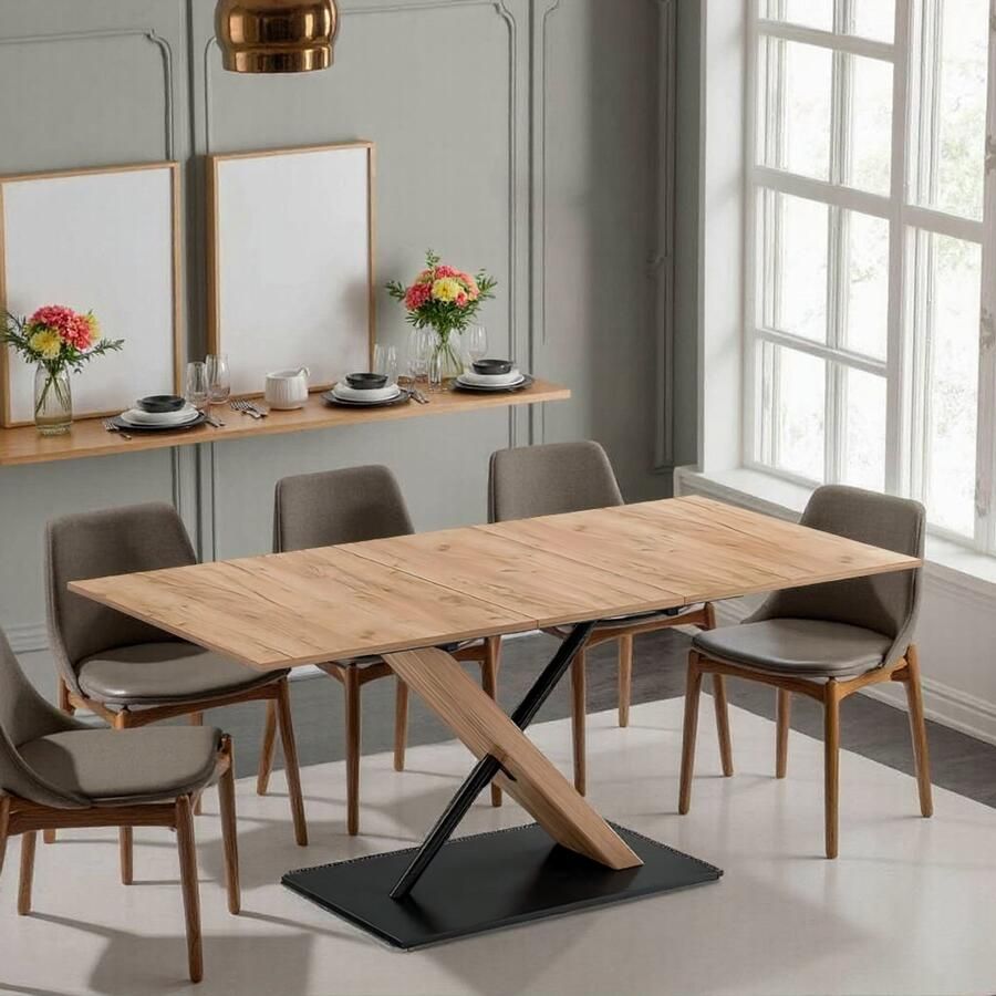Tribe Uitschuifbare Eettafel Herta – Moderne Industriële Eettafel 140-180 x 90 cm – Eiken zwart – Stijlvolle Keukentafel voor 4-8 Personen –