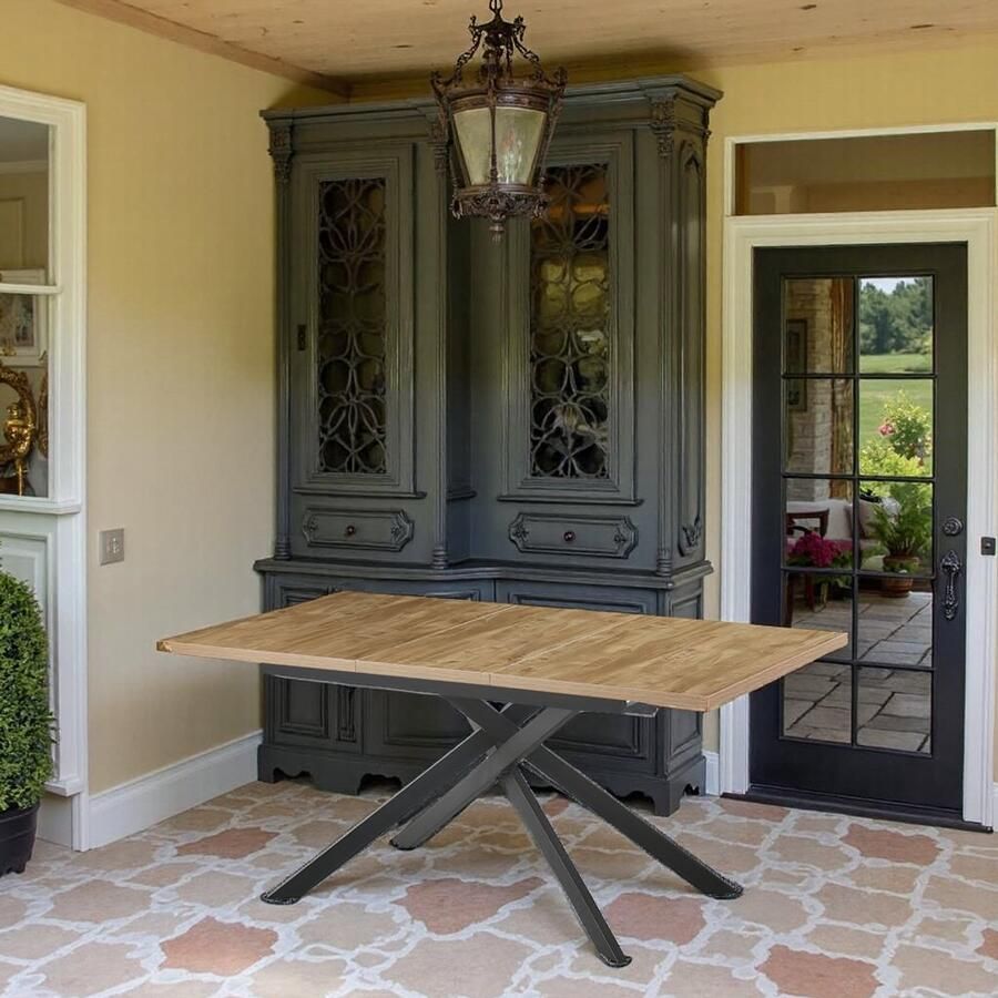 Tribe Uitschuifbare Eettafel Industrieel Houtlook Wild Eiken 120-160 x 80 cm – 4-6 Personen – Keukentafel met Zwart Kruisframe – Moderne Industriële Eetkamertafel –