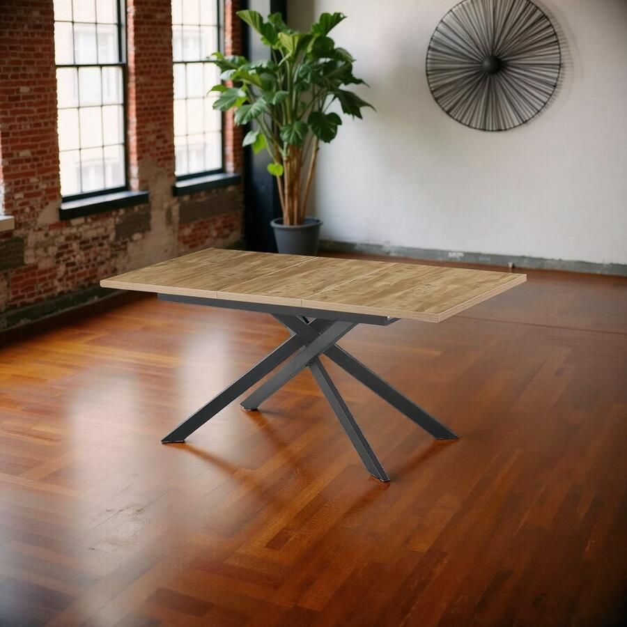 Tribe Uitschuifbare Eettafel Industriële Wildeiken Look 120-160x80 cm – Rechthoekige Keuken & Eetkamertafel met Zwart Kruispoot Frame – 4-6 Personen –