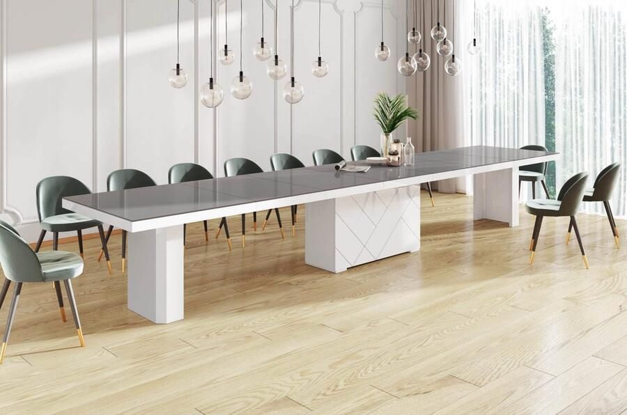 Tribe Uitschuifbare Eettafel – Luxe Eettafel voor 12 Personen – 180 tot 468 cm – Grijs Hoogglans Tafelblad met Wit Onderstel – Robuust & Modern Design