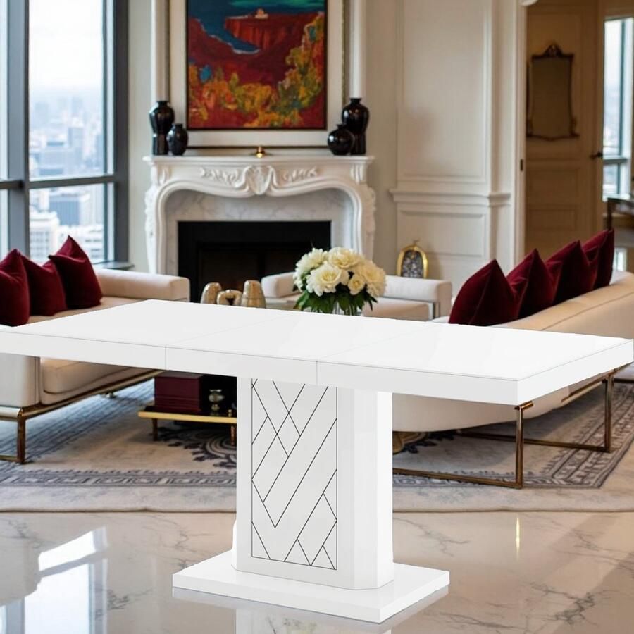 Tribe Uitschuifbare Eettafel – Modern Design voor 6 Personen – Hoogglans Wit met Zwart Accent – 120-170 x 80 cm