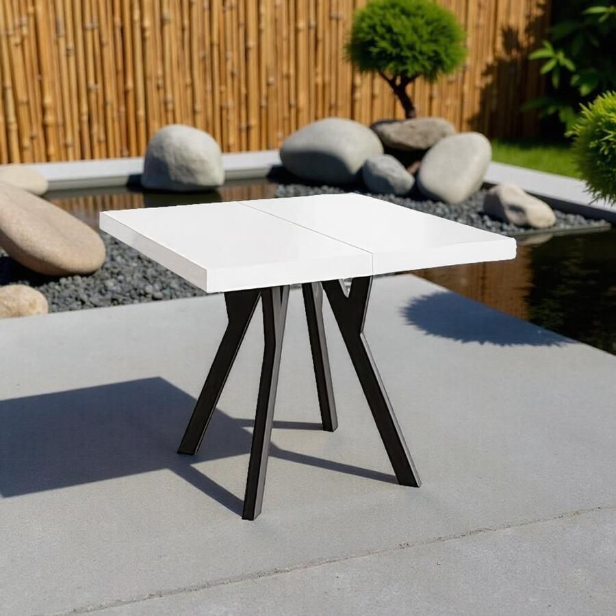 Tribe Uitschuifbare Vierkante Eettafel Modern Wit met Zwarte Houten Poten 90-190x90 cm –
