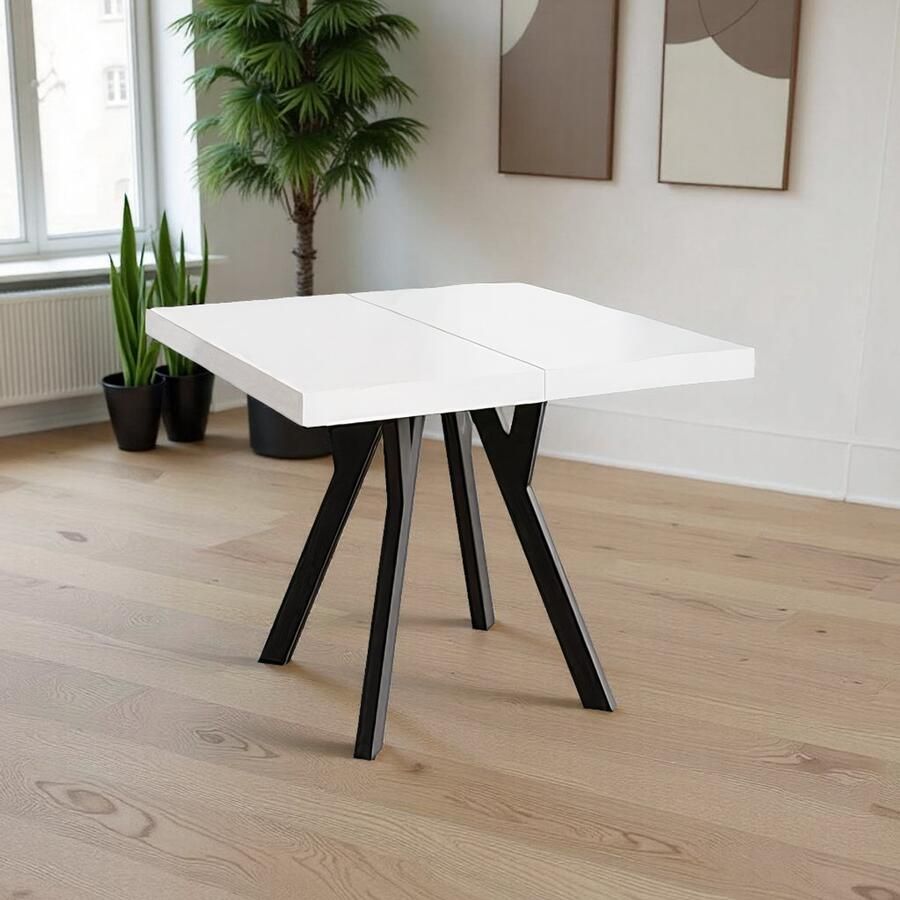 Tribe Vierkante Uitschuifbare Eettafel RICO 90-190x90 cm – Moderne Witte Eettafel met Zwarte Houten Poten – Uittrekbare Eettafel voor 4-6 Personen –