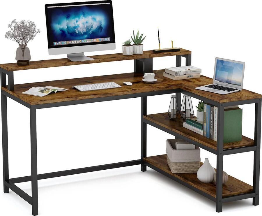 TRIBESIGN Bureau Hoekbureau Bureau met Legplanken Gamebureau – L Vormig Hoekbureau – Gaming Desk – Computertafel – Waterproof & Krasbestendig Bureau – Eikenhout Bureaublad – Zwart Vintage Bruin