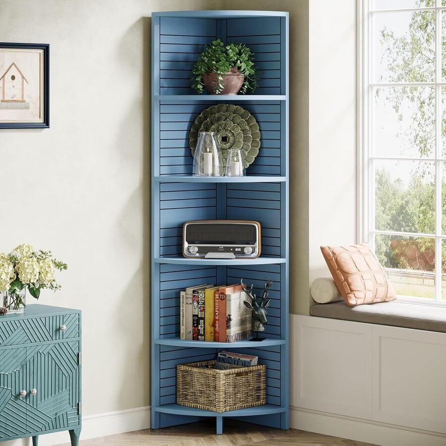 Tribesigns 5-laags Hoek Boekenkast 45 x 45 x 180 cm Smalle Boekenkast Hoekplank Industrieel Blauw