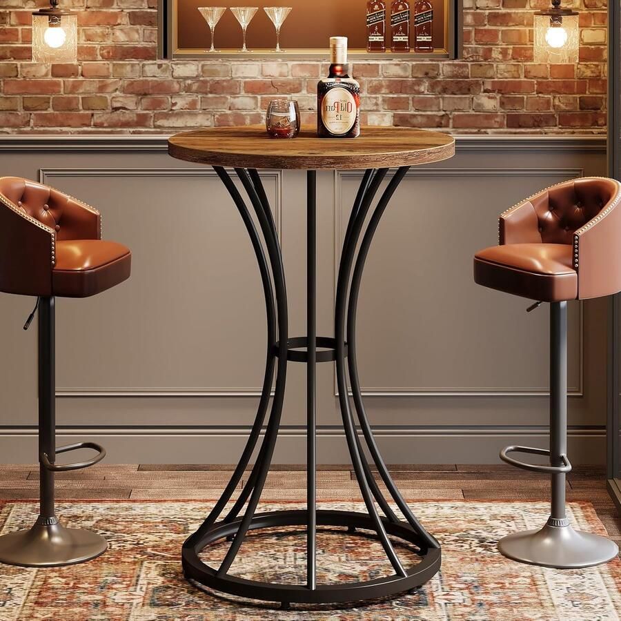 Tribesigns Bartafel Keukentafel Ronde Bartafels met Gebogen Metalen Basis Industrieel Bruin Zwart 60 x 60 x 95 cm