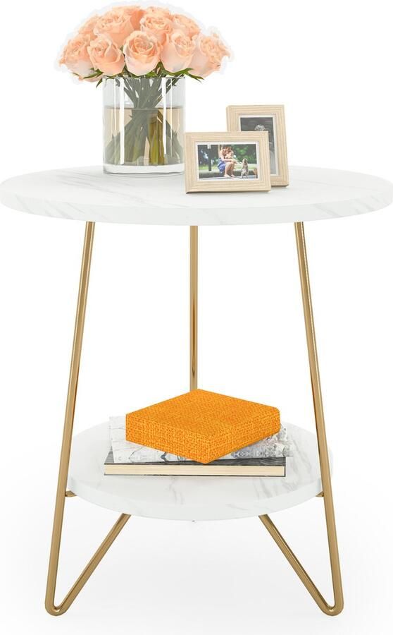 Tribesigns Bijzettafel Bedtafel Zijtafel 50 x 50 x 57 cm Nachtkastje Kleine Salontafel voor Woonkamer Slaapkamer Wit en Goud