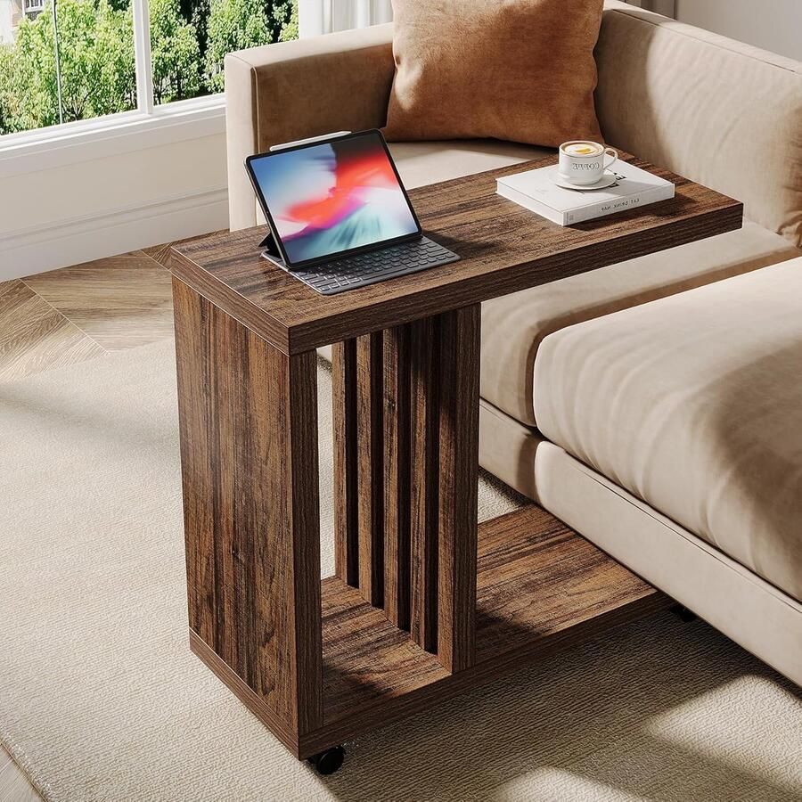 Tribesigns Bijzettafel Bedtafel Zijtafel met Vergrendelbare Wielen 60 x 30 x 65 cm Nachtkastje Kleine Salontafel Bruin