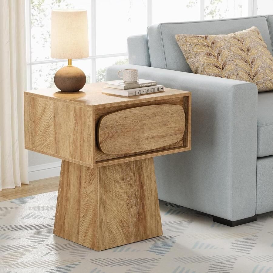 Tribesigns Bijzettafel met Lade Salontafel met Ovale Handgreep Bijzettafel Bruin Tafel Sidetable voor Woonkamer Thuiskantoor 55 x 45 x 65 cm