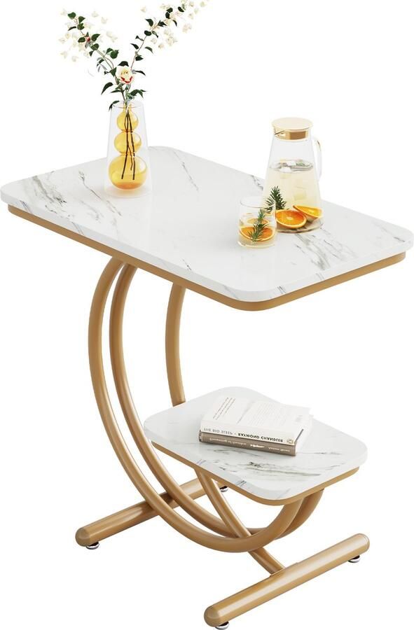 Tribesigns Bijzettafel Modern Design Nachtkastjes Koffietafel Wit Goud 60x35x60 cm