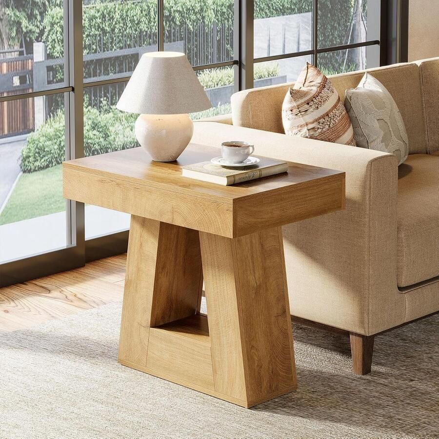 Tribesigns Bijzettafel Moderne Bijzettafel met 2 Niveaus en Trapeziumvormige Voet Sidetable 60 cm Kleine Nachtkastje in landhuisstijl voor Woonkamer Slaapkamer 60×30×60 cm Natuurlijke Houtkleur