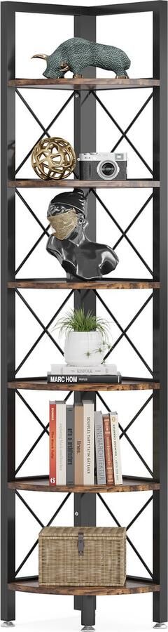 Tribesigns Boekenkast Boekenrek Hoekkast Hoekmeubel 6 Legplanken 35x35x180cm Zwart Vintage Bruin