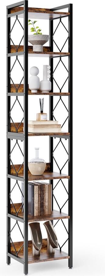 Tribesigns Boekenkast Boekenrek Hoekkast Hoekmeubel 7 Legplanken 35x35x200cm Zwart Vintage Bruin