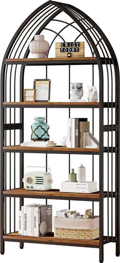 Tribesigns Boekenkast Boekenrek met 5 Planken Industrieel Kasten Spaanplaat Rustiek Bruin en Zwart 80 x 30 x 190 cm