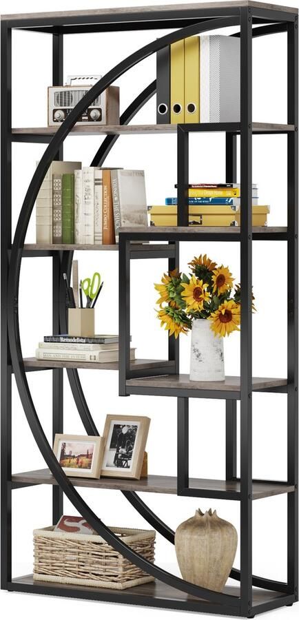 Tribesigns Boekenkast Boekenrek met 5 Planken Industrieel Vintage Geometrisch Ontwerp Grijs Zwart 80 x 30 x 180 cm