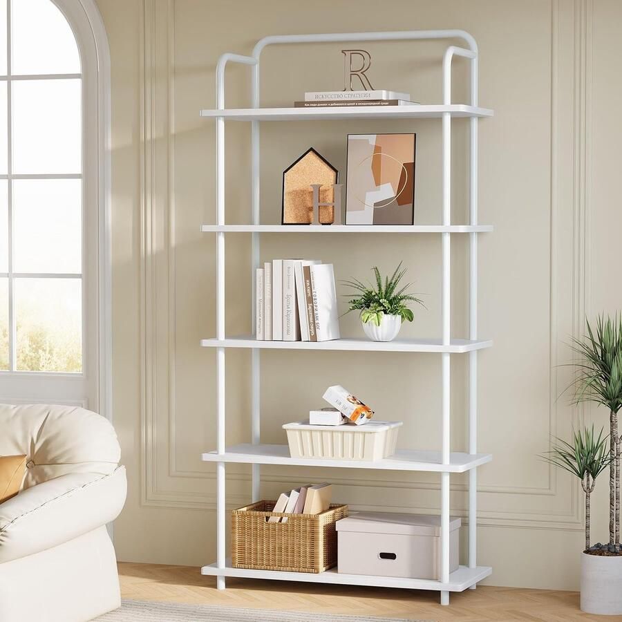 Tribesigns Boekenkast Boekenrek met 5 Planken Industrieel Vintage Geometrisch Ontwerp Wit 80 x 30 x 175 cm