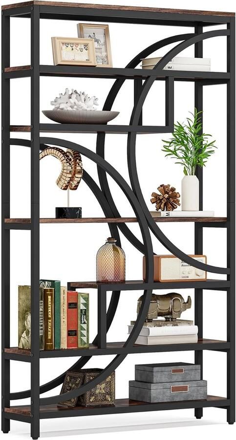 Tribesigns Boekenkast Boekenrek met 7 Planken Industrieel Vintage Kasten Spaanplaat Vintage Bruin Zwart 100 x 30 x 180 cm