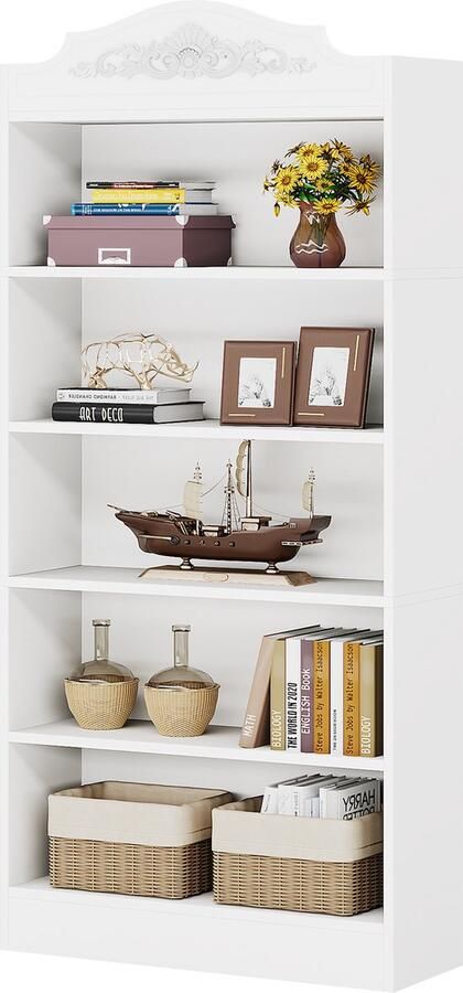 Tribesigns Boekenkast Gebogen boekenkast met 5 Planken Modern Kasten Spaanplaat Wit 80 x 30 x 190 cm