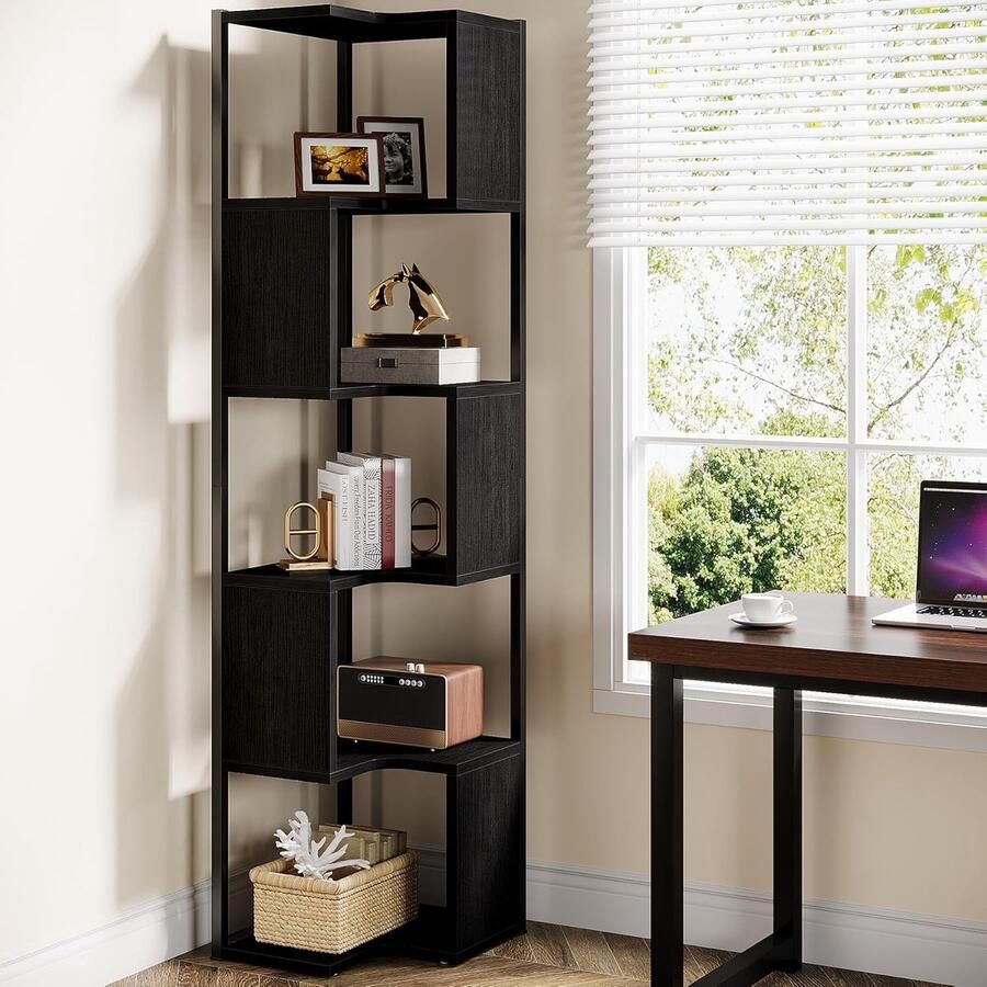 Tribesigns Boekenkast Hoek boekenkast met 6 Planken Industrieel Grote Hoekplank Spaanplaat Zwart 25 x 42 x 171 cm