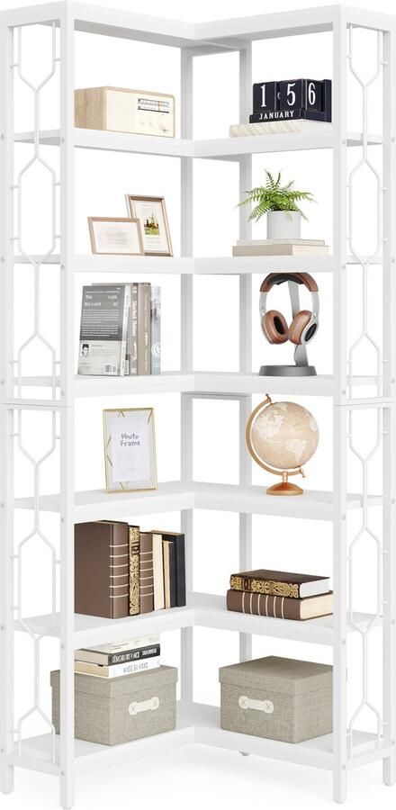 Tribesigns Boekenkast Hoek boekenkast met 7 Planken Industrieel Spaanplaat Wit 60 x 60 x 200 cm
