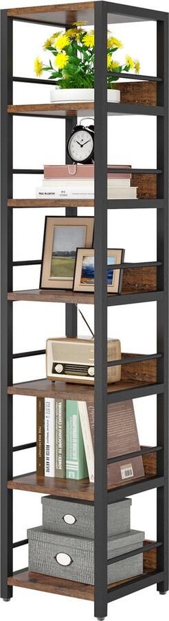 Tribesigns Boekenkast Hoek Boekenrek met 6 Planken Industrieel Spaanplaat Bruin Zwart 34 x 34 x 190 cm