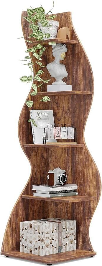 Tribesigns Boekenkast Hoekplank met 5 planken 48 x 48 x 178 cm Modern Stroomlijn Het Ontwerp Bruin