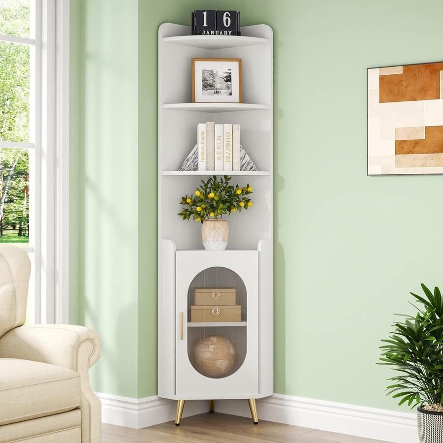 Tribesigns Boekenkast Hoekplank met Deur Staande Plank met 6 Lagen 185 cm Hoge Kantoorplank Smalle Plank Vrijstaande Displayplank Planken voor Woonkamer Keuken Wit en Goud