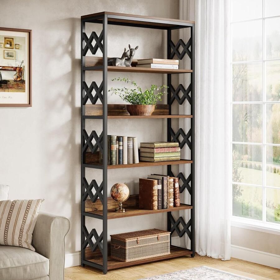 Tribesigns Boekenkast met 6 planken Boekenkast Industrieel Kasten 80x30x180cm Bruin