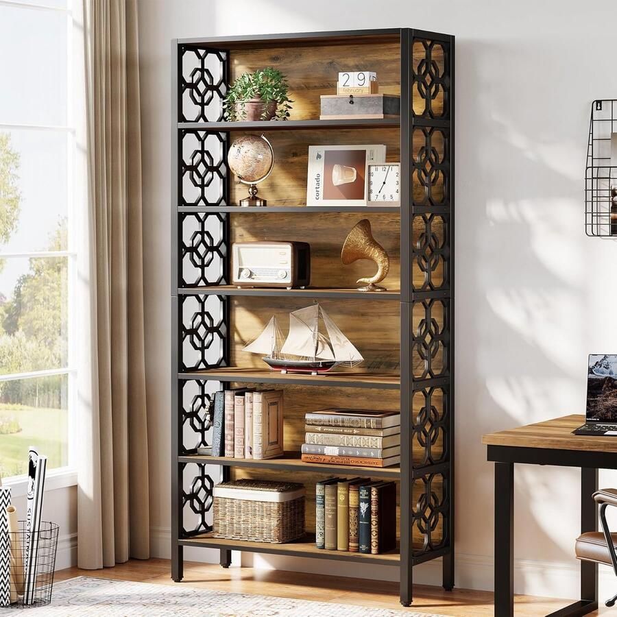 Tribesigns Boekenkast met 6 Planken Boekenkast Industrieel Open Opbergplanken voor Woonkamer Slaapkamer Thuiskantoor 80x30x180cm Bruin