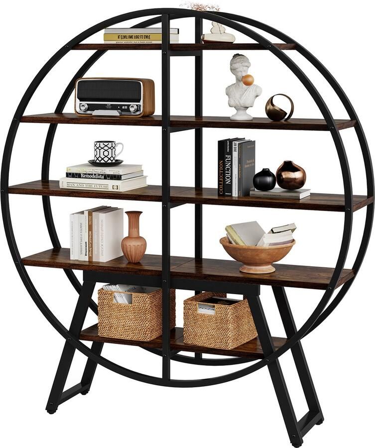 Tribesigns Boekenkast Ronde Boekenrek met 5 Planken Industrieel Geometrische Weergave Spaanplaat Bruin 32 x 150 x 170cm