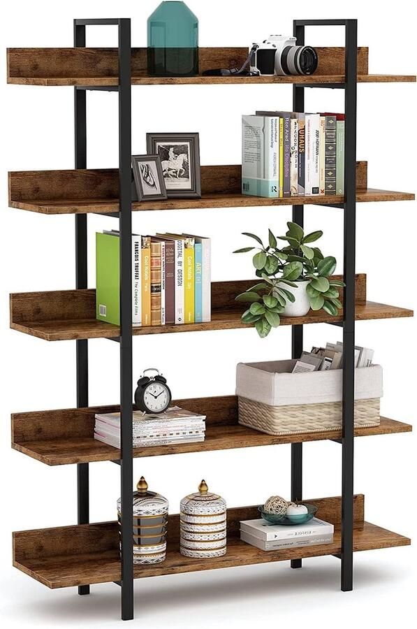 Tribesigns Boekenrek Boekenkast Industrieel 5 Lagen Hout Metaal Bruin Zwart 105 x 33 x 180cm
